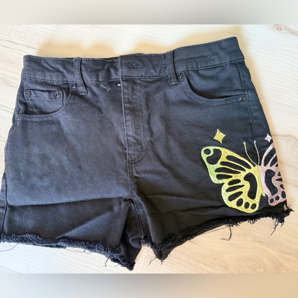 TRACTR Black Denim Butterfly Embroidered Shorts ✨ Luxe Y2K Festival Size 16